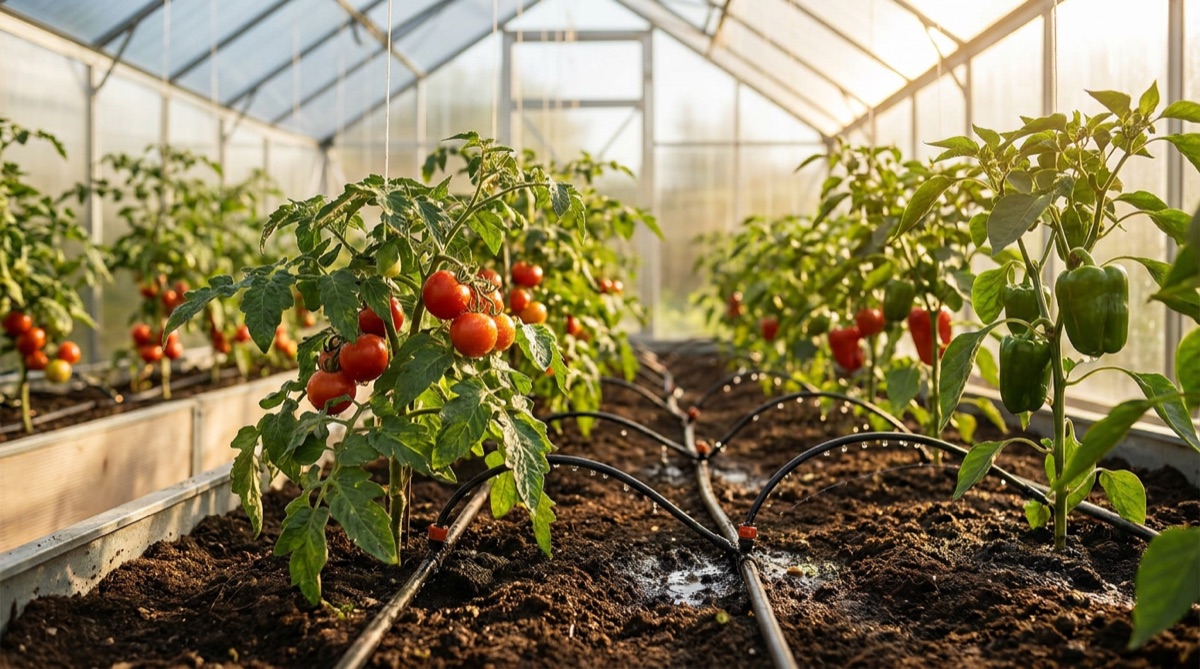 Fertirrigazione a goccia con nitrato di potassio (KNO₃) senza cloro su pomodori e peperoni in serra – Cerantis, fornitore di fertilizzanti Svizzera